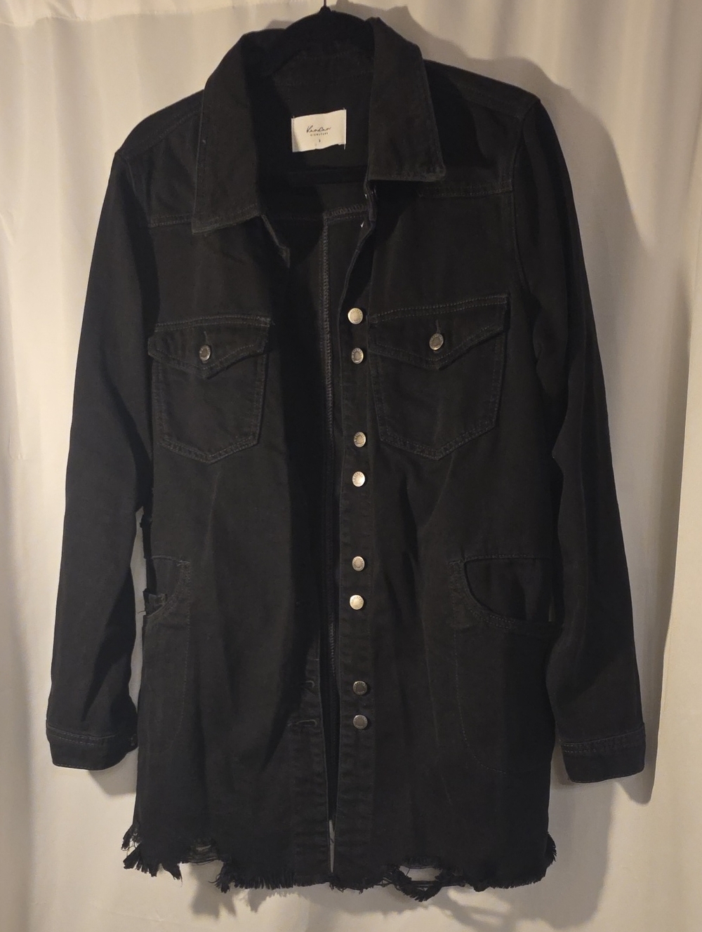 KanCan Black Distressed Long Denim Jacket Sise S Very Oversized